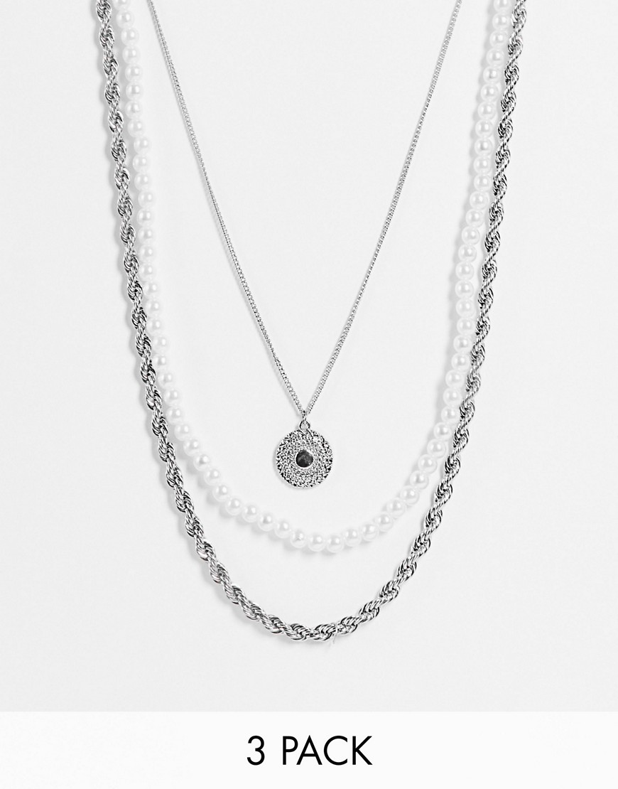 ASOS DESIGN 3 pack layered neckchain with faux pearl and circle pendant in silver tone
