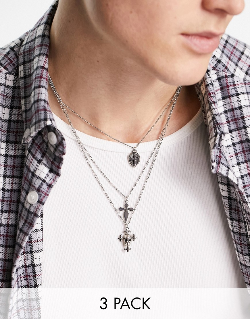 ASOS DESIGN 3 pack layered necklace set with skull and cross pendants in silver tone
