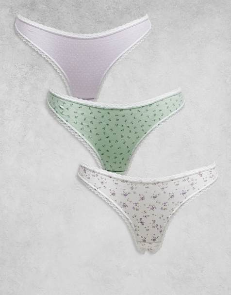 ASOS DESIGN 3 pack lingerie thong with lace trim in ditsy print and lilac pointelle - view 1