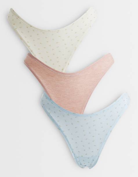 ASOS DESIGN 3 pack lingerie thongs in blue & cream ditsy print and oatmeal rib - view 1