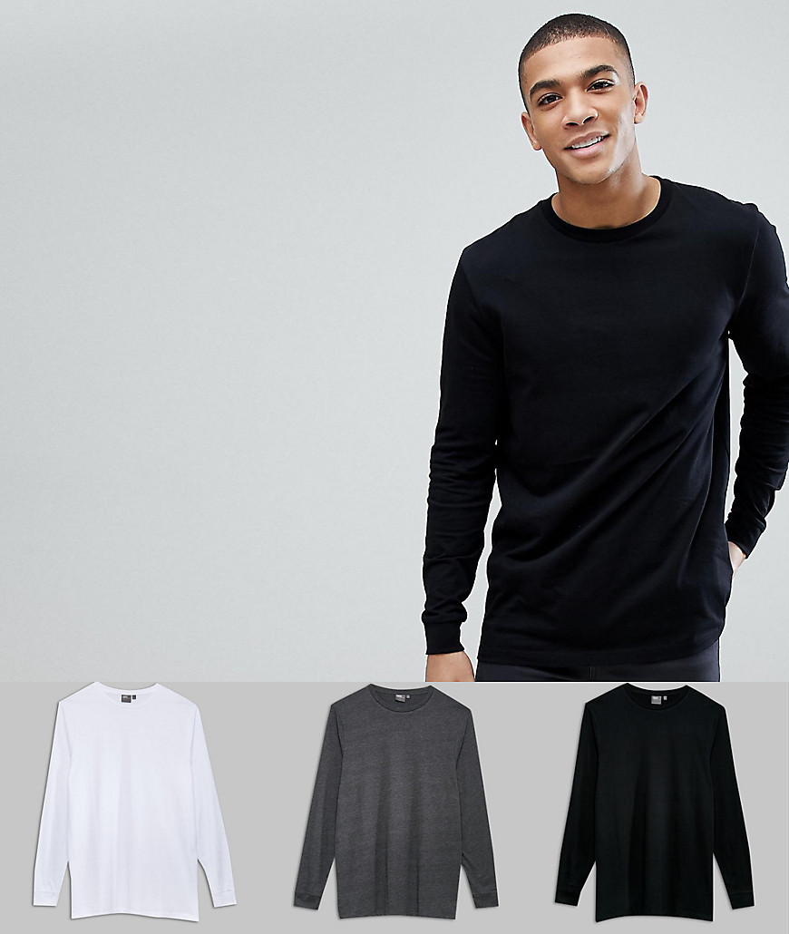 ASOS DESIGN 3 pack long sleeve longline t-shirt in black/ white/ charcoal with crew neck save-Multi
