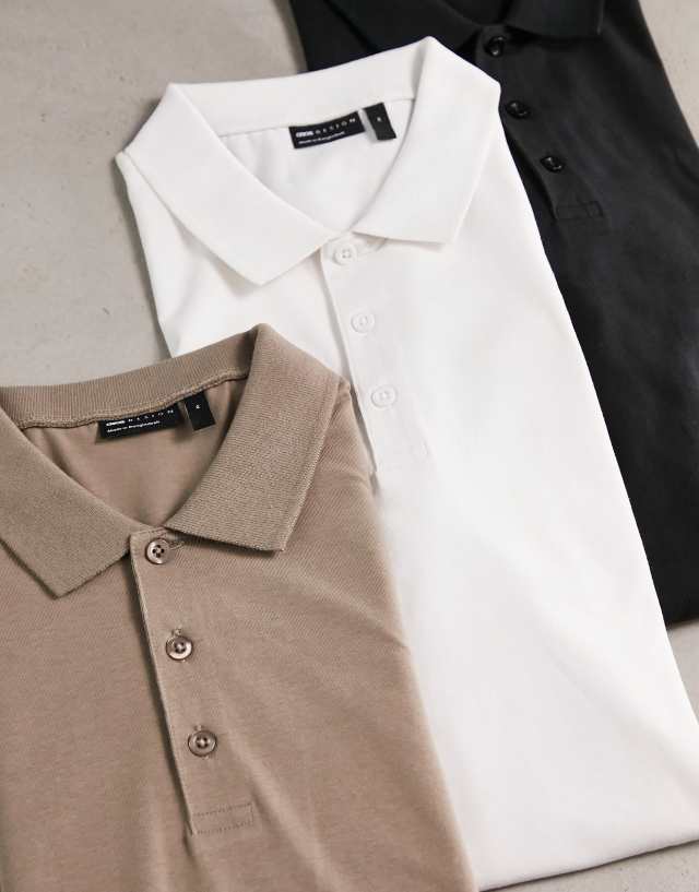 ASOS DESIGN - 3 pack long sleeve muscle fit polo in white, black and beige