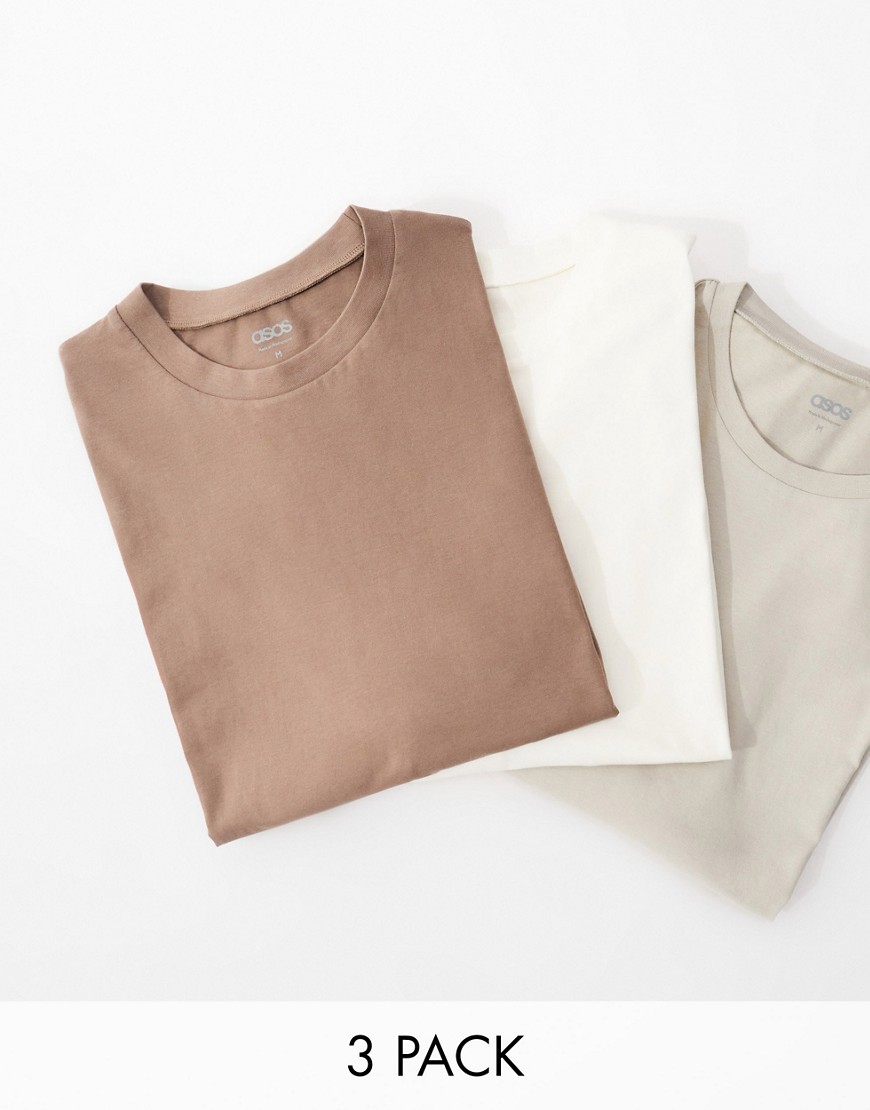 ASOS DESIGN 3 pack long sleeve oversized t-shirts in ecru, beige and brown-Multi