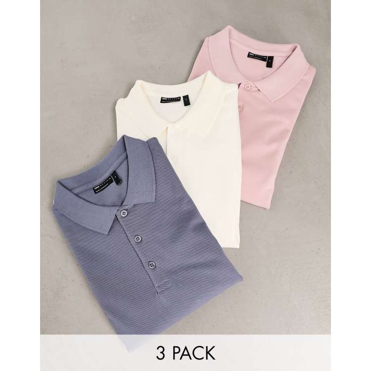 ASOS Design 3 pack long sleeve pique polo in ecru, washed pink