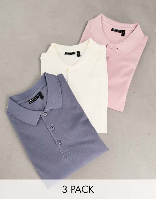 ASOS DESIGN 3 pack long sleeve pique polo in ecru, washed pink and grey