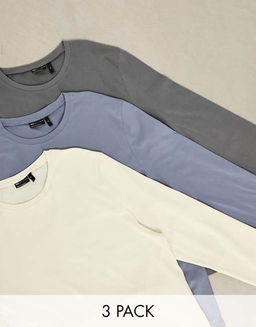 ASOS DESIGN 3 pack long sleeve T-shirt with crew neck in gray, blue and ecru