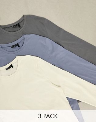ASOS DESIGN 3 pack long sleeve t-shirt with crew neck in grey, blue and ecru