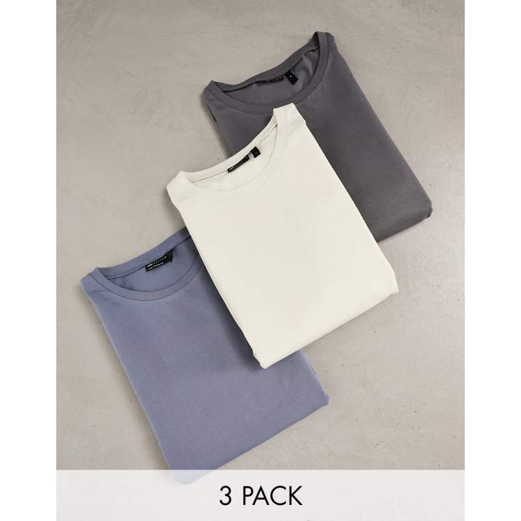 ASOS DESIGN 3 pack long sleeve t-shirt with crew neck in stone