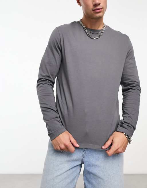 ASOS DESIGN 3 pack long sleeve t-shirt with crew neck in stone