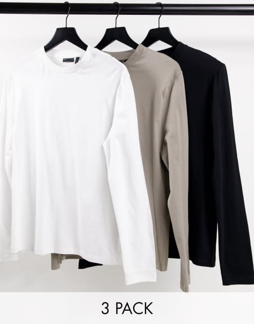 ASOS DESIGN 3 pack long sleeve T-shirt with crew neck in white, black and beige