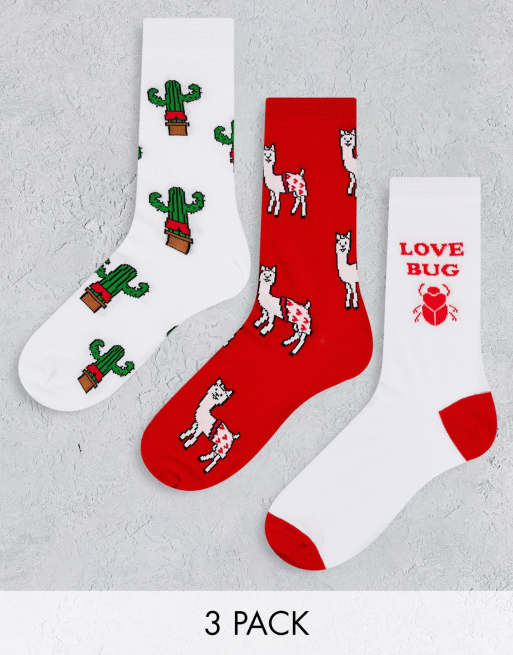 ASOS DESIGN 3 pack love bug ankle socks with Llama and Cactus
