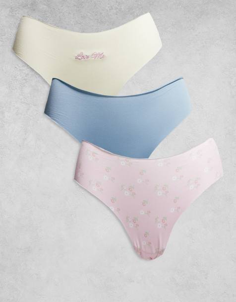 ASOS DESIGN 3 pack love me no vpl & lace brazilian briefs in lemon, dusty blue & lilac ditsy print - view 1