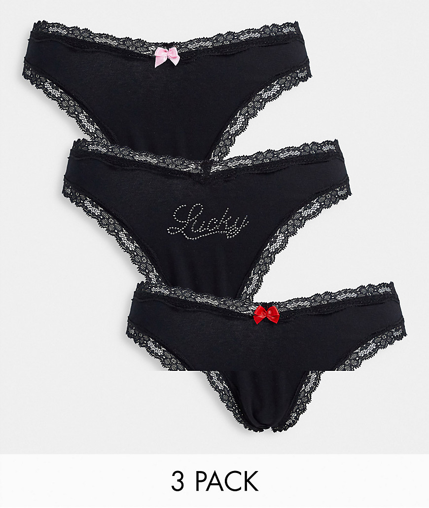 ASOS DESIGN 3 pack lucky cotton & lace thong in black