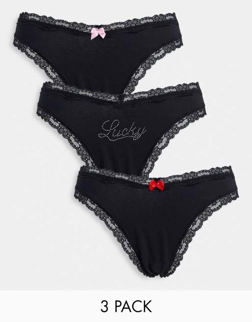 ASOS DESIGN 3 pack cotton high leg thong with dipped front in black