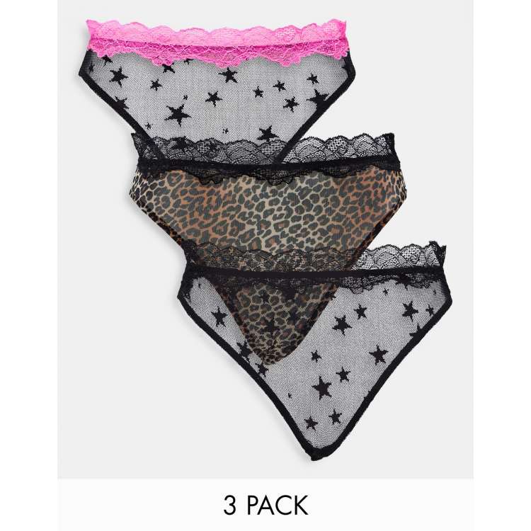 ASOS DESIGN 3 pack mesh high waist high leg brazilian panty in star &  animal