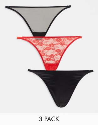 ASOS DESIGN 3 pack mesh, satin, lace tanga thong in red & blacks