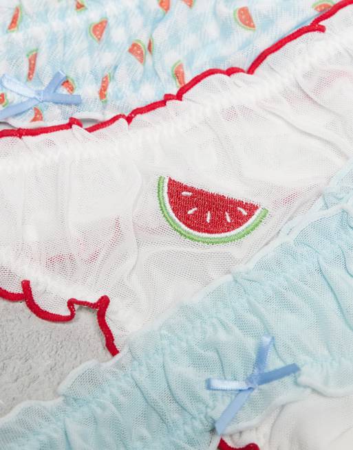 ASOS DESIGN 3 pack mesh scrunch lingerie thong with watermelon and gingham in blue & red, 2 of 3