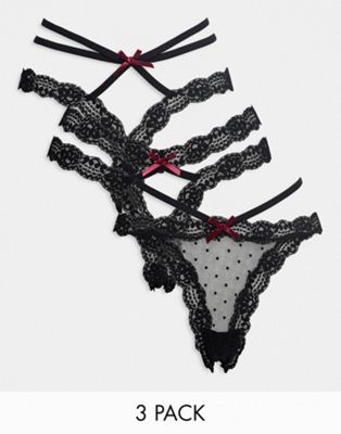 ASOS DESIGN 3 pack mesh spot strappy & cut-out thong set in black