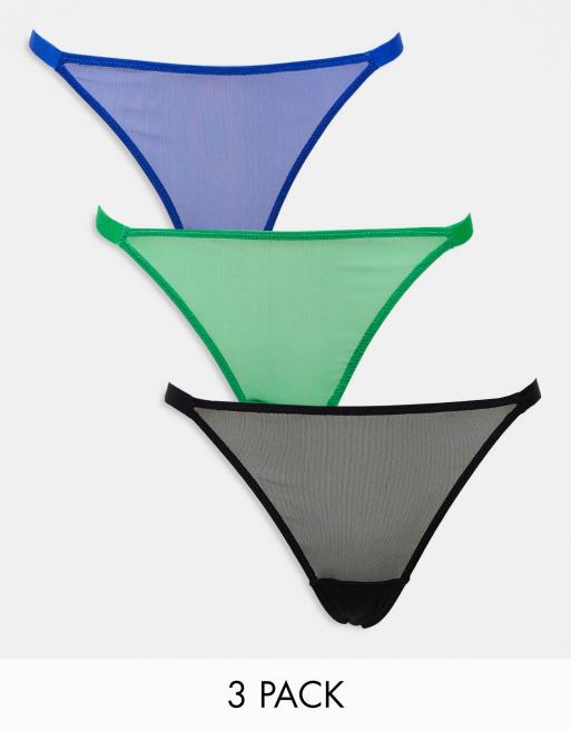 ASOS DESIGN 3 pack mesh tanga thong in green, cobalt & black