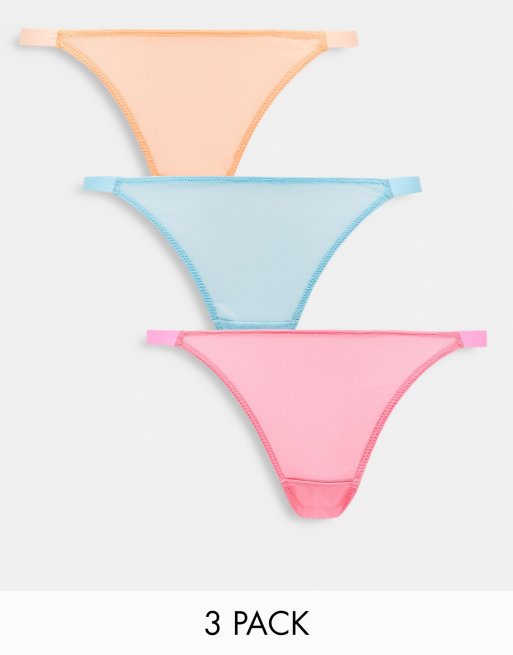 ASOS DESIGN 3 pack mesh tanga thong in neon pink, blue & peach