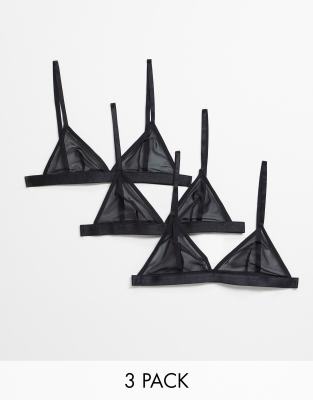 Asos Design 3 Pack Mesh Triangle Bra In Black