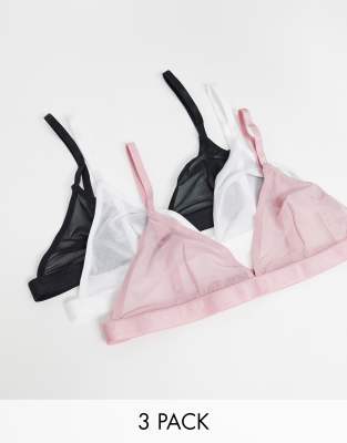 ASOS DESIGN 3 pack cotton triangle bra in splodge