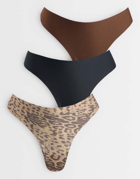 ASOS DESIGN 3 pack micro no vpl G-string in leopard, black and brown - view 1