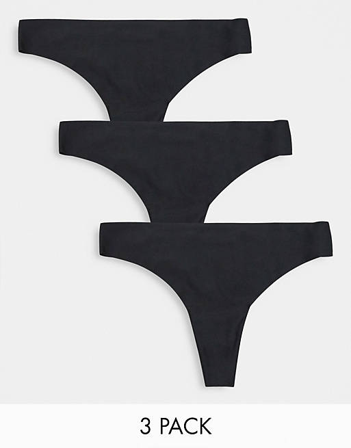 ASOS DESIGN 3 pack microfibre and mesh thong with seam detail in black