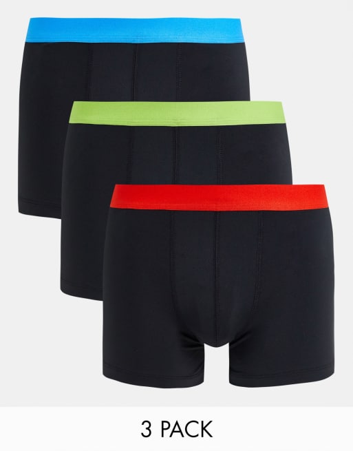 ASOS DESIGN 3 pack microfibre black trunks with colour pop waistbands