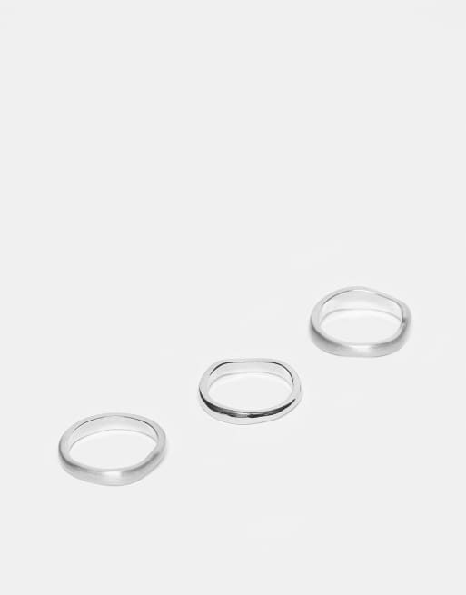ASOS DESIGN 3 pack mixed brushed and polished molten rings in silver tone