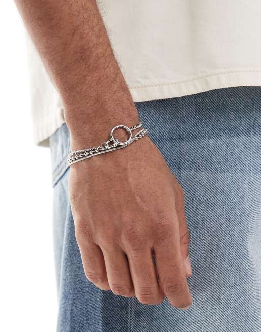 ASOS DESIGN 3 pack mixed chains bracelet with double circle and pendant in silver tone