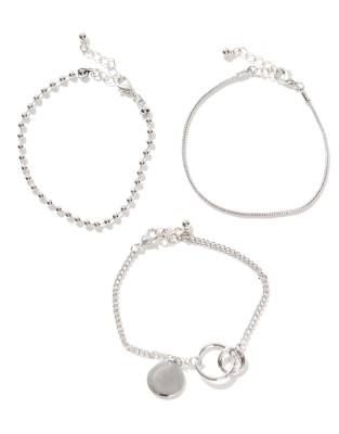 Asos Design 3 Pack Mixed Chains Bracelet With Double Circle And Pendant In Silver
