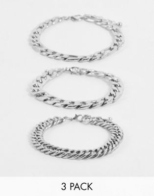 ASOS DESIGN 3 pack mixed chunky chain bracelet set with figaro and curb chain in burnished silver tone