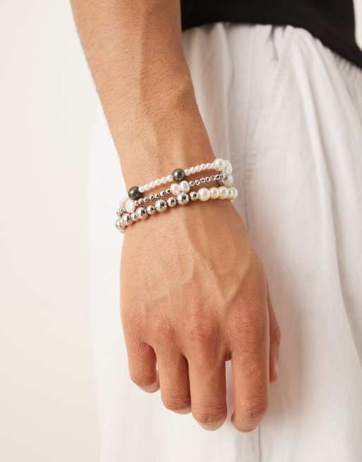 ASOS DESIGN 3 pack mixed faux pearl and silver beaded bracelets in silver