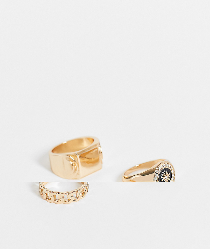 ASOS DESIGN 3 pack mixed ring set with chain and signets in gold tone