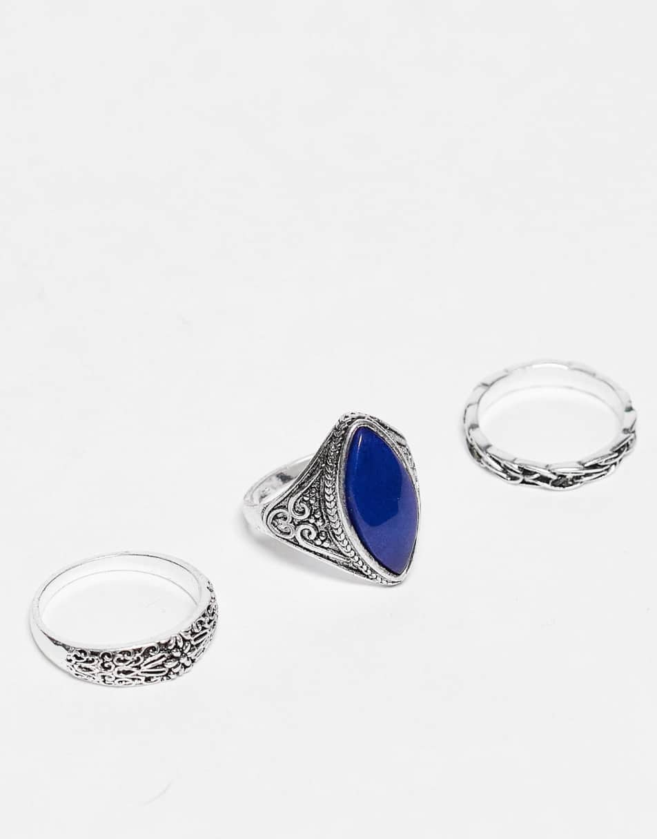 ASOS DESIGN 3 pack mixed ring set with vintage design and blue stone signet in burnished silver tone