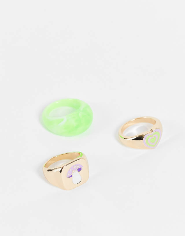 ASOS DESIGN 3 pack mixed signet ring set with enamel heart and mushroom