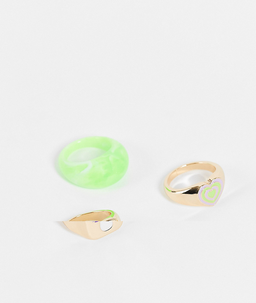 ASOS DESIGN 3 pack mixed signet ring set with green plastic and enamel heart-Multi