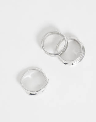 Asos Design 3 Pack Molten And Wraparound Ring In Metallic
