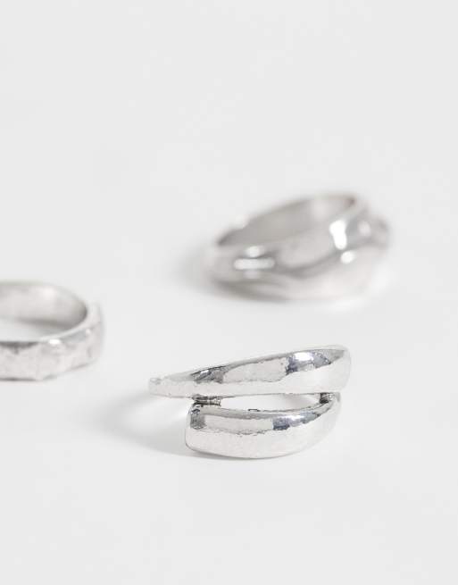ASOS DESIGN 3 pack molten and wraparound ring in worn silver, 3 of 3