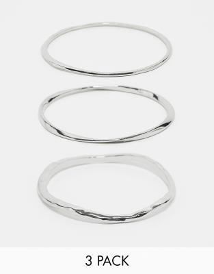 Asos Design 3 Pack Molten Bangle Set In Silver Tone In Silver