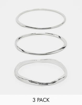 Asos Design 3 Pack Molten Bangle Set In Silver Tone