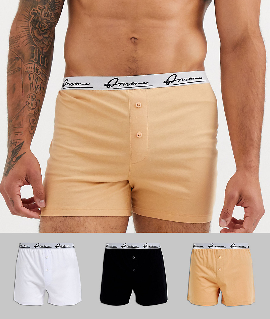 ASOS DESIGN – 3-pack monokroma och beige boxershorts i jersey med trycka midjeband – Spara-Vit