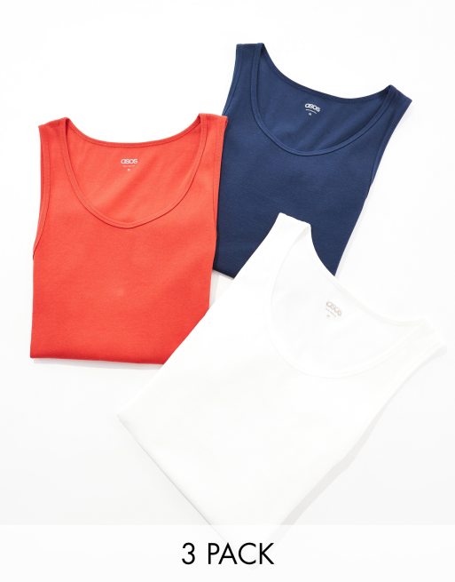 ASOS DESIGN 3 pack muscle fit rib singlets in multiple colours