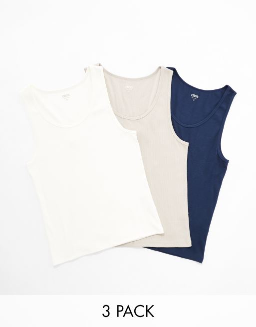 ASOS DESIGN 3 pack muscle fit rib vests in multiple colours