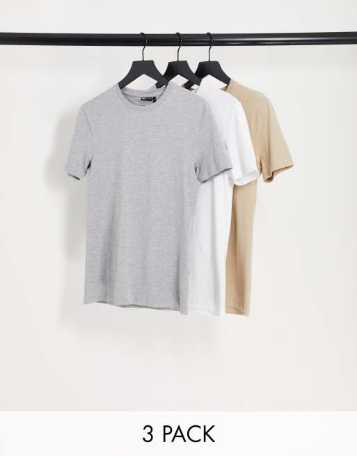 ASOS DESIGN 3 pack muscle fit t-shirt in grey marl, white and beige