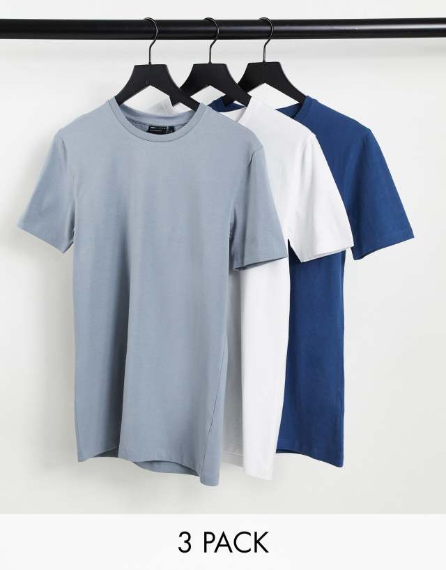 ASOS DESIGN 3 pack muscle fit t-shirt with crew neck in blue white and navy