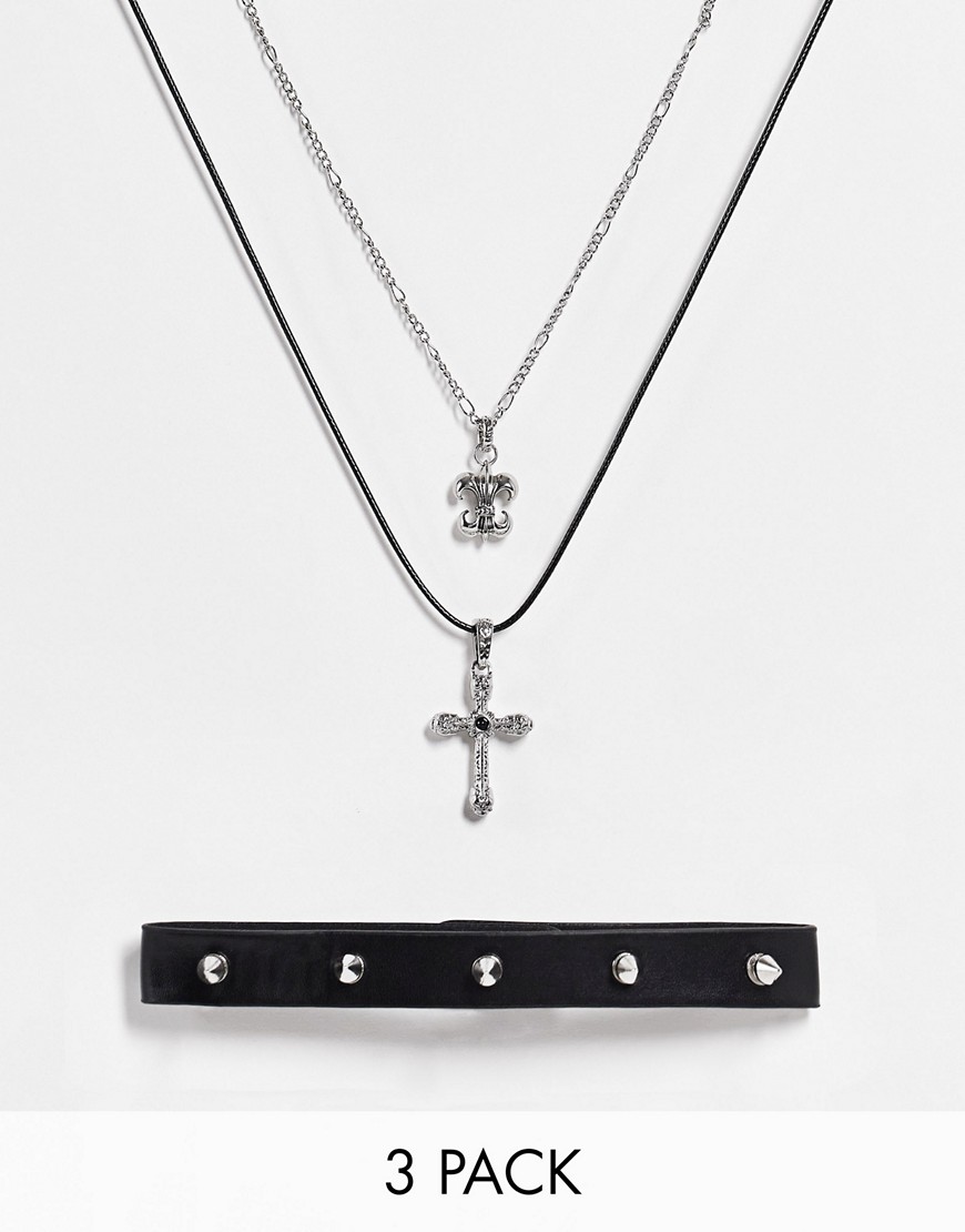Asos Design 3 Pack Necklace Cross In Burnished Silver With Spiked Choker
