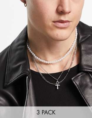 ASOS DESIGN 3 pack necklace set with 6mm faux pearl and ankh pendant in silver tone - ASOS Price Checker