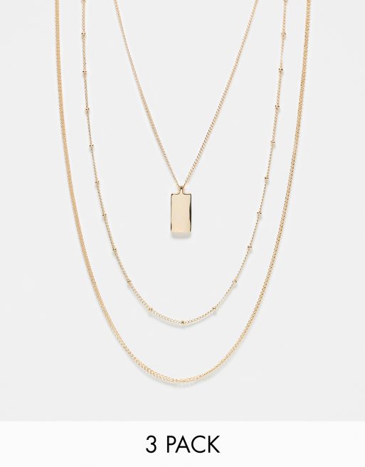 FhyzicsShops DESIGN 3 pack necklace with bar pendant in gold tone